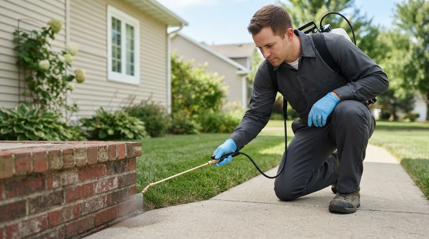 Pest control technician treating a home near Whitesburg, GA